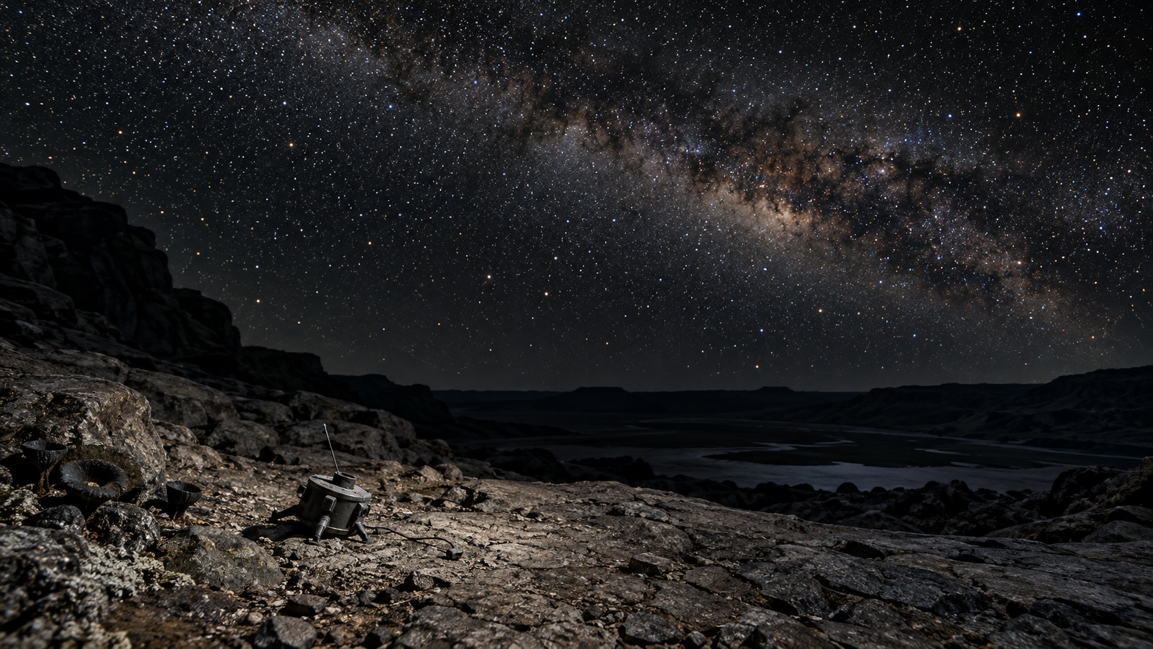 Illuminated night-side terrain reconstruction with lamp-lit foreground rock and a small instrument, dark distant ridges, a basin and an illustrative dense starfield